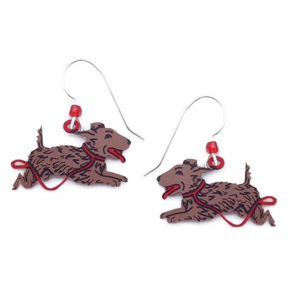 Sienna Sky Running Brown Dog with Red Leash on Silver Hook Earrings 2159 NEW - Picture 1 of 1